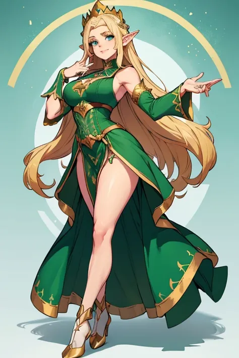 female, blonde long hair, blue eyes, elf, pointed ears, (((1girl))), (((green sleeveless regal dress))), (white corset), (gold crown), (green detached sleeves), (white stockings), (green heels), cute and sexy, full body, huge breasts, long legs, smiling