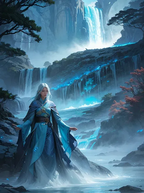 Create an illustration of a person with water dragon powers. The individual should be depicted in an epic fantasy style, surrounded by swirling water and ethereal blue light. They should have dragon-like features such as scales and glowing eyes. The backgr...