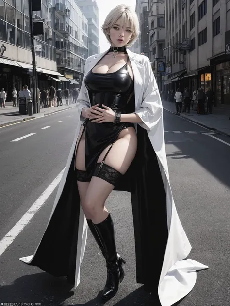 Very short hair, (masterpiece、Highest quality、Official Art), Neck up, View from the front, Looking at the audience:1.5, topless, Underless, White raincoat:1.2, Black long boots, Black garter belt, (Black bondage suit:1.2), Black collar, Black choker, Glowi...