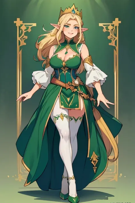 female, blonde long hair, blue eyes, elf, pointed ears, (((1girl))), (((green sleeveless regal dress))), (white corset), (gold crown), (green detached sleeves), (white stockings), (green heels), cute and sexy, full body, huge breasts, long legs, smiling