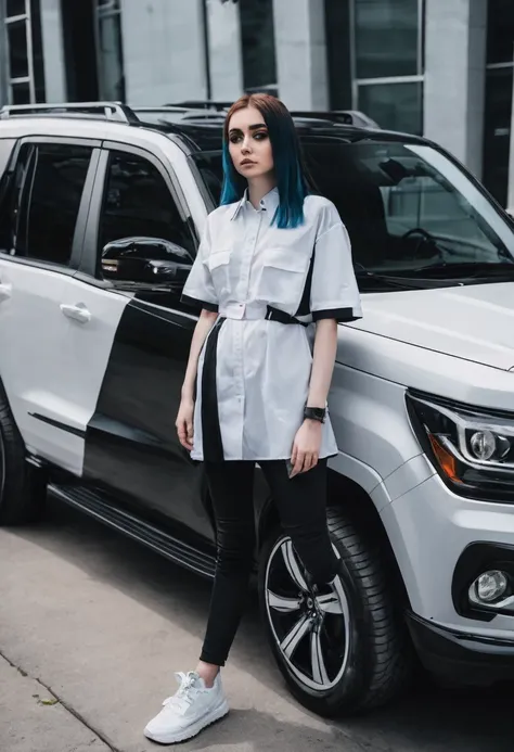 A girl in an emo business like mode, standing in front of her company with an SUV 