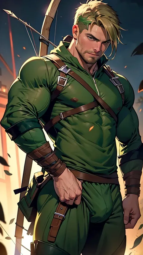 8k, high quality , detailed face , detailed fingers ,detailed muscles  stephen amell as green arrow , wearing dark green outfit   , showing a dark blond short hair , a thick facial hair , hard nipples, a bulge ,hunk and handsome, aiming with his bow and ar...