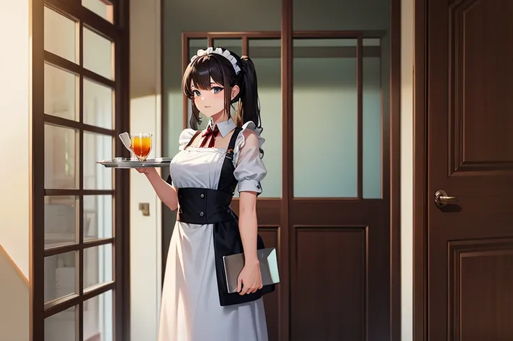 maid knocking on the door with a tray in hand