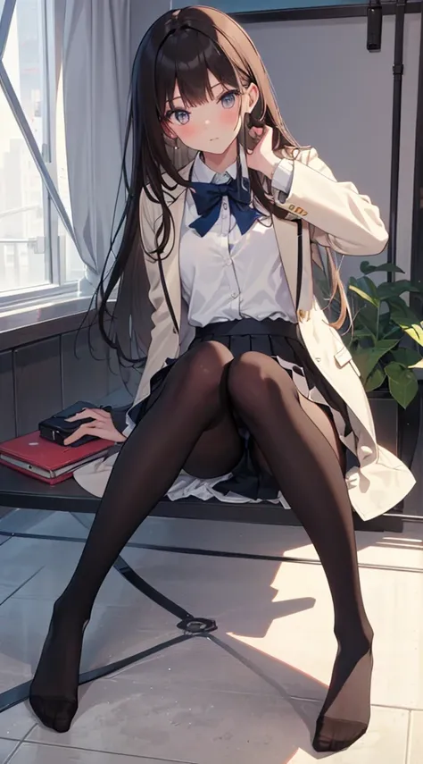 Top quality, masterpiece, High resolution, (Head to toe full body), front, frontやや下からの構図, Symmetric, Tall 18 year old girl, alone, (Head to toe), (Small breasts), Unkempt brown hair, bangs, (black tights), (Black Pantyhose), (Sit with your legs apart), (Cr...