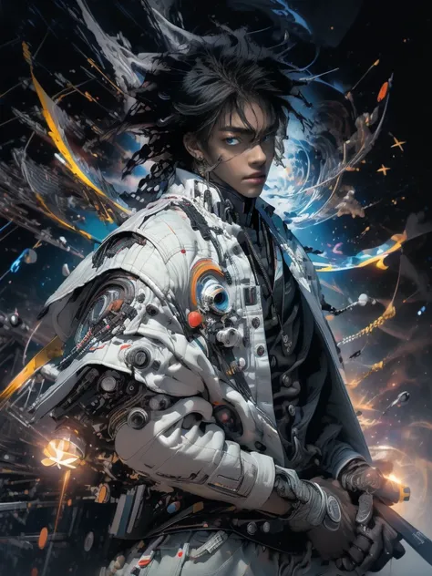 (((Top quality, 8k, masterpiece)) bold lines, aggressive, anime artstyle, professional photography, low aperture, subject in focus, dark skin male in white flowing urban punk style jacket and black jeans, black hair, black eyes, space background with stars...