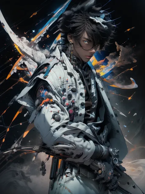 (((Top quality, 8k, masterpiece)) bold lines, aggressive, anime artstyle, professional photography, low aperture, subject in focus, dark skin male in white flowing urban punk style jacket and black jeans, black hair, black eyes, space background with stars...