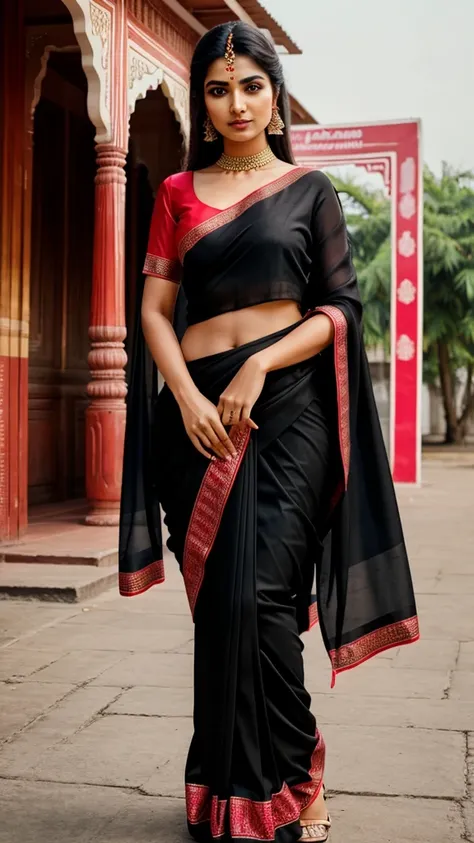 A beautiful fair Indian woman wear black saree and red blouse 