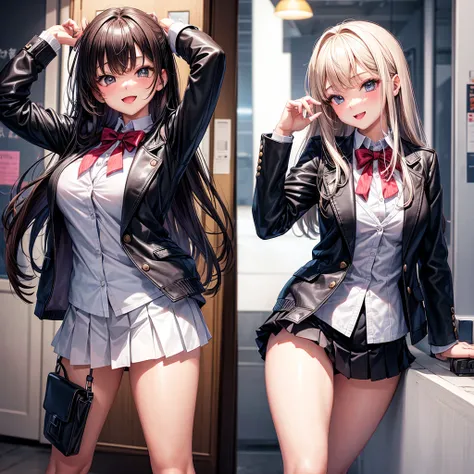 middle School girls，smile，Beautiful girlultiple girls，Angelic beautiful girl，leather jacket，未来のuniform，The best quality to get you horny，perfectionな女の子，Super cute girl，uniform，blazer，cardigan，Long Hair、She has her bangs down，Latest Fashion，Future Fashion，U...