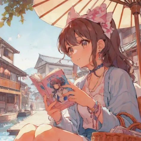 Showa Townと川を背景に文庫本を読んでいるアニメの女の子,under the parasol,smile,Lo-fi Girl, digital Anime illustration, Gweiz-style artwork, Anime Aesthetics, Showa Town,Portrait of Rofi, Anime-style illustrations, Lo-fi Girl aesthetic, 80s anime style,Beautiful anime art style,...