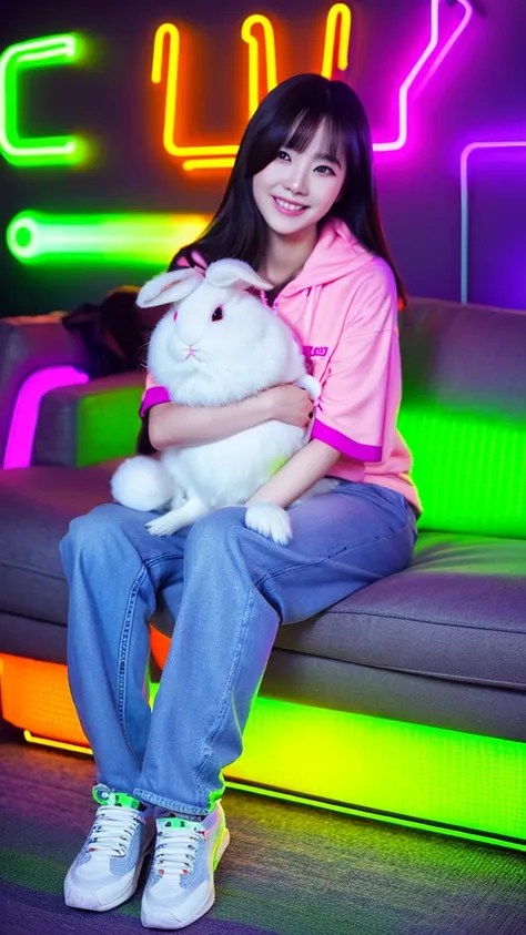 a Korean woman smiled,sitting on the sofa holding a cute bunny rabbit,wear casual clothes, trekking shoes,bright background with neon light elements,including the Cancer zodiac sign symbol that stands out and glows in neon violet.Include additional neon el...