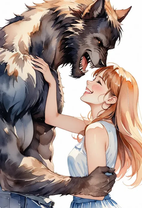 cover page, highres, top quality, best quality, paid reward available, unparalleled masterpiece, perfect artwork, absurdres, High-quality illustrations, watercolor, soft color, love story of human girl and giant Werewolf, love romance, pair, Height differe...