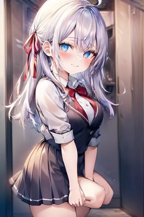 alisa mikhailovna kujou、blush,smile、silver hair、blue eyes、uniform、red ribbon、ahoge、usual hairstyle、beautiful legs、full body view...