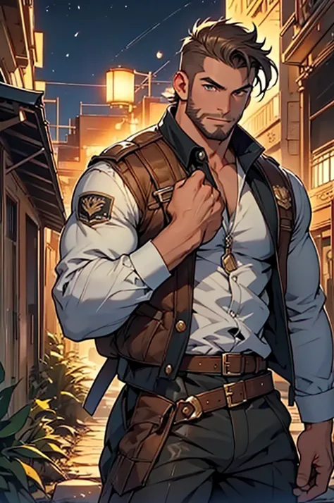 (Highest quality, 8K, 32k, masterpiece, Ultra-high resolution:1.2),detailed eyes,A fearless male archaeologist, sideburns, Shaving,The background is the ruins at night