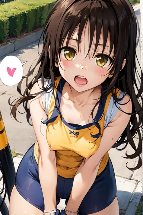 1girl,solo,yuuki mikan,, ,brown hair,, ,1girl,,,small breasts,,open mouth,,cowboy shot,,(spoken heart),outdoor,,looking viewer,,bike shorts,