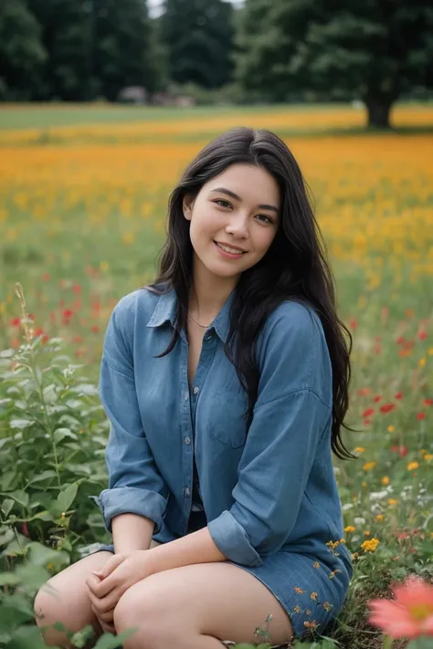 front view, happy stunning woman with curly long dark hair, wearing blue clothes sit in a beautiful field of flowers, colorful f...