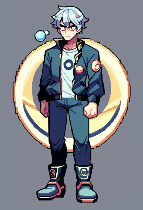 Solaria Moon, a Pokémon trainer protagonist in pixel art style, Pokémon sprite, game freak, by artist Ken Sugimori. He is 16 years old and measures 1.65 meters. Her hair is long and wavy, dark blue with silver reflections, and always wears a gold metal sta...