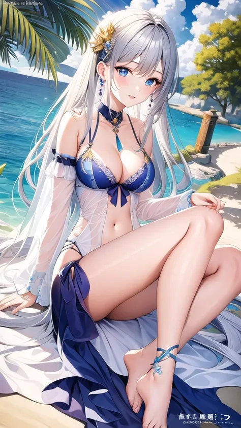 ((Highest quality)), ((masterpiece)), (detailed), （Perfect Face）、Naked Women、She has blue eyes and medium-length silver hair.