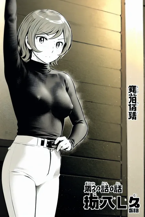 (野球uniform:1.2),
Blonde, (short hair:1.2),Long sleeve, Black Shirt, turtleneck,White trousers、uniform、Black belt、((Illustration of a person))、big 、
View your viewers,, (Highest quality:1.3),One Girl, White pants、uniform、Outdoor、baseball ground、ground、soil、...