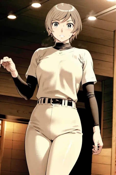 (野球uniform:1.2),
Blonde, (short hair:1.2),Long sleeve, Black Shirt, turtleneck,White trousers、uniform、Black belt、((Illustration of a person))、big 、
View your viewers,, (Highest quality:1.3),One Girl, White pants、uniform、Outdoor、baseball ground、ground、soil、...