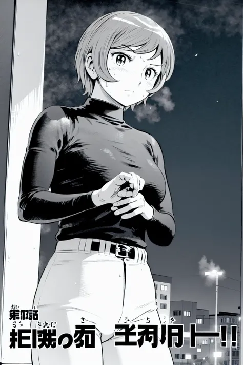 (野球uniform:1.2),
Blonde, (short hair:1.2),Long sleeve, Black Shirt, turtleneck,White trousers、uniform、Black belt、((Illustration of a person))、big 、
View your viewers,, (Highest quality:1.3),One Girl, White pants、uniform、Outdoor、baseball ground、ground、soil、...