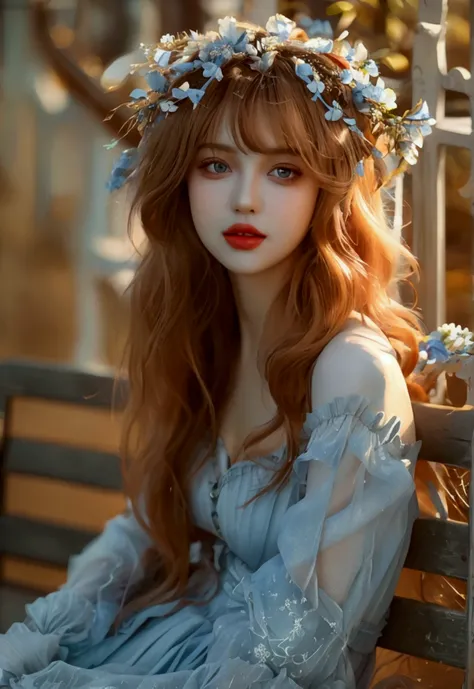 blue hair, bangs, Sweet girl dress2,dress, fashi-girl, red lips, mature female, makeup, Big eyes, Pretty eyes, ((full body)), ((Random shooting angles)), (best quality, masterpiece:1.2), ultra-detailed, (realistic:1.37), beautiful, youthful, glamorous mode...