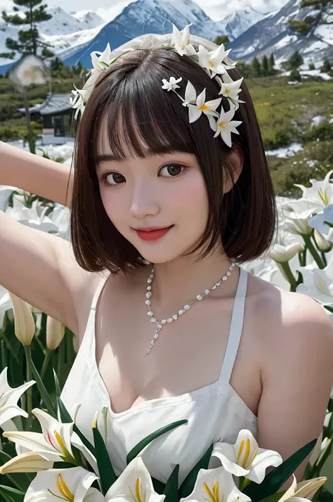 （lifelike， high resolution：1.3）， close up，Sense of story，Realism，Chinese aesthetics，Smart eyes，In a valley of lilies。Lily is pure white，Symbolizes purity and holiness。Her smile is sweet，Full of gentle breath。A necklace made of lilies is hung around the nec...