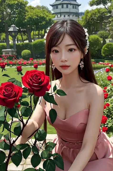 （lifelike， high resolution：1.3）， close up，Sense of story，Realism，Chinese aesthetics，Smart eyes，In a rose garden。Roses are delicate，Exuding an intoxicating aroma。Her expression is charming，Full of charm。A rose bracelet is worn on the wrist，The surrounding r...