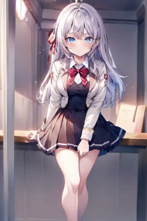 alisa mikhailovna kujou、blush,smile、silver hair、blue eyes、uniform、red ribbon、ahoge、usual hairstyle、beautiful legs、full body view...