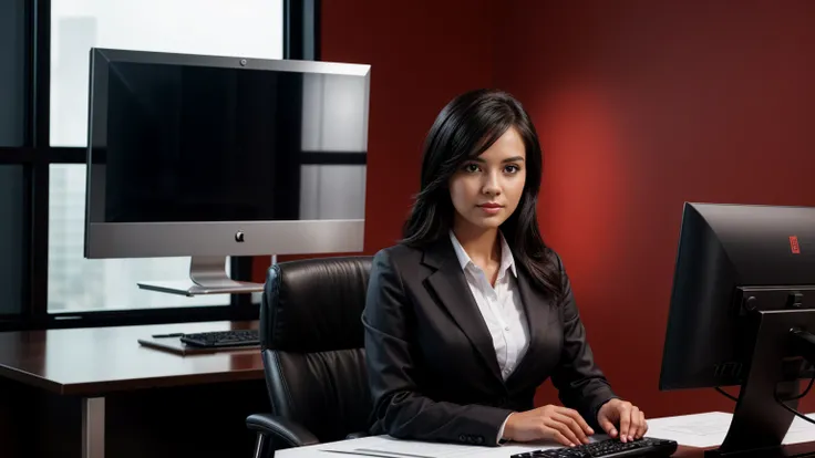 a beautiful girl in a professional office setting, black hair, looking at viewer, elegant red business attire, serious expression, desk with computer, professional and efficient, office supplies, warm lighting, photorealistic, highly detailed, cinematic co...