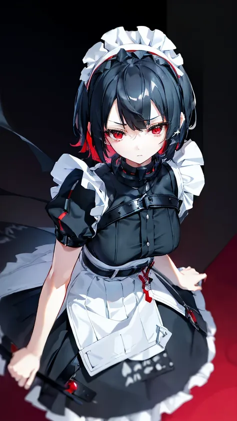 high resolution,high resolution,girl,black hair,short hair,red eyes,slanted eyes,bad mood,boyish,slender,toned body,,,maid cloth...