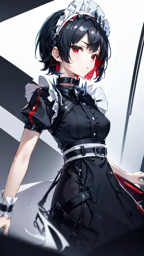 high resolution,high resolution,girl,black hair,short hair,red eyes,slanted eyes,bad mood,boyish,slender,toned body,,,maid cloth...