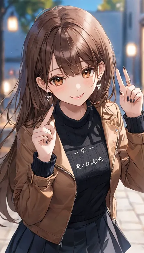 One Girl, Ahoge, bangs, black skirt, black sweater, Blue Claws, Blurred, Blurred background, chest, Brown eyes, Brown Hair, brown Jacket, Mouth closed, Day付付き, Day, Written boundary depth, Earrings, eyelash, Please raise your hand, Tilt your head, Jacket, ...