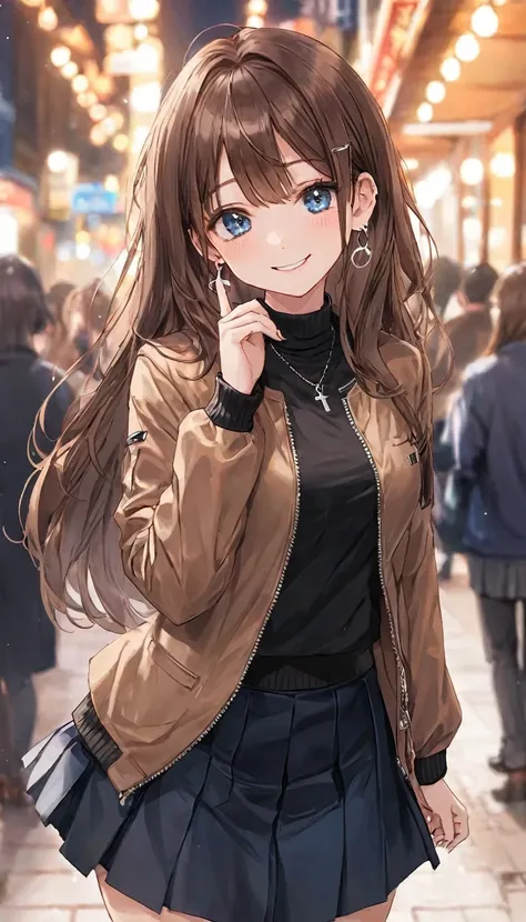 one girl, ahoge, bangs, black skirt, black sweater, blue claws, blurred, blurred background, chest, brown eyes, brown hair, brow...