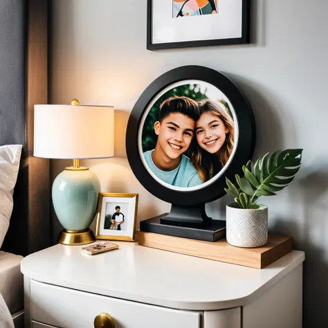 a photo of a picture in a round frame on a nightstand, in a teenagers room