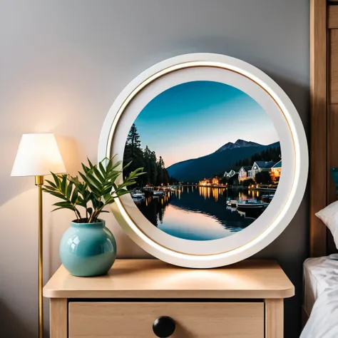 a photo of a picture in a round frame on a nightstand, in a teenagers room
