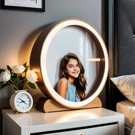 a photo of a picture in a round frame on a nightstand, in a teenagers room
