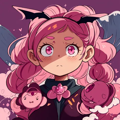 cartoon drawing of a girl with pink hair and bat wings, Coffee pits, Anime, pink hair in ponytails and pink eyes, chibi, magical girl style, chibi, portrait of a magical girl