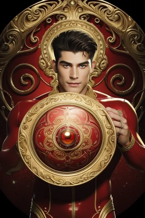 Quarter body 3D image of a strong and handsome hunky Astro, surrealistic face and eyes, wearing red and gold swirls and twirls filigree shiny latex spandex, hands holding a shining jewel, the hero face is depicted extremely clearly in every detail, studio ...