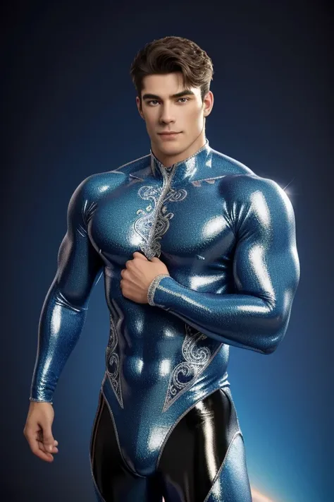 Quarter body 3D image of a strong and handsome hunky Astro, surrealistic face and eyes, wearing blue and silver swirls and twirls filigree shiny latex spandex, hands holding a shining jewel, the hero face is depicted extremely clearly in every detail, stud...