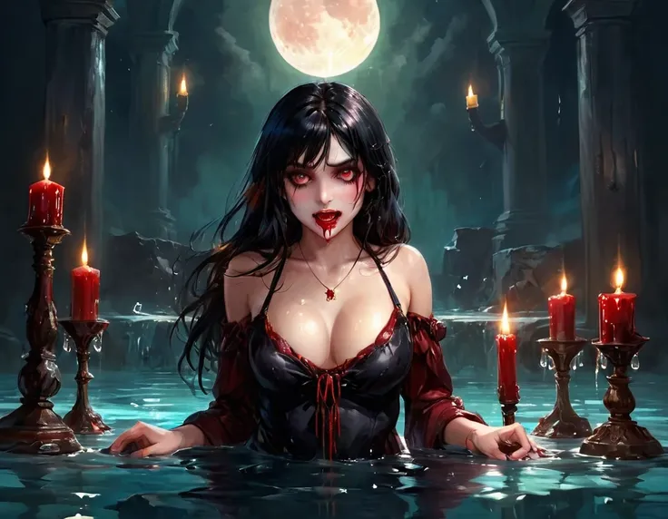 a picture of a female vampire, (Masterpiece, intense details: 1/5 ), exquisite, dreadful beautiful vampire, long black hair, intense green eyes, half-closed eyes, evil smile, fangs, busty sitting near a large pool of dark ((red blood: 1.2)) stone steps, li...