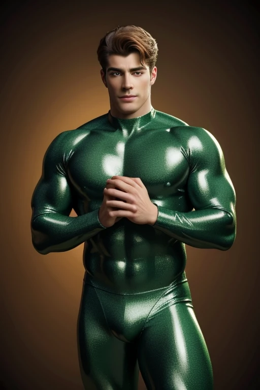 Quarter body 3D image of a strong and handsome hunky Astro, surrealistic face and eyes, wearing green and bronze swirls and twirls filigree shiny latex spandex, hands holding a shining jewel, the hero face is depicted extremely clearly in every detail, stu...