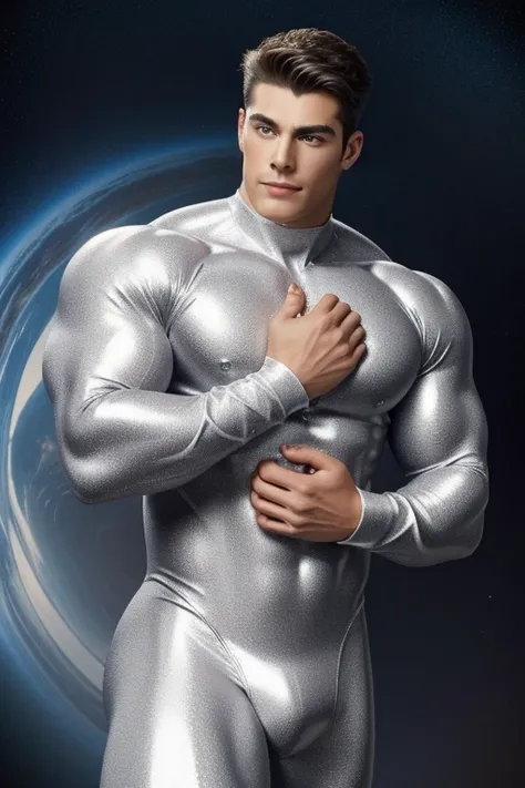 Quarter body 3D image of a strong and handsome hunky Astro, surrealistic face and eyes, wearing white and silver swirls and twirls filigree shiny latex spandex, hands holding a shining jewel, the hero face is depicted extremely clearly in every detail, stu...