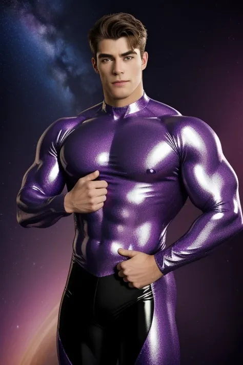 Quarter body 3D image of a strong and handsome hunky Astro, surrealistic face and eyes, wearing Violet and silver swirls and twirls filigree shiny latex spandex, hands holding a shining jewel, the hero face is depicted extremely clearly in every detail, st...