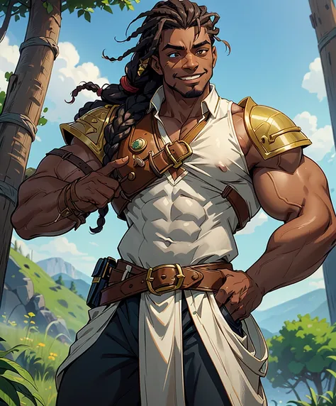 (((Single character image.))) (((1boy))) (((Dressed in medieval fantasy attire.))) (((Shoulder length hair in dreadlocks))) (((Dark clothing.))) (((African American male.))) (((Dark skin tone.))) (((He looks like a sexy hunk thug.))) (((Thug male.))) (((Bo...