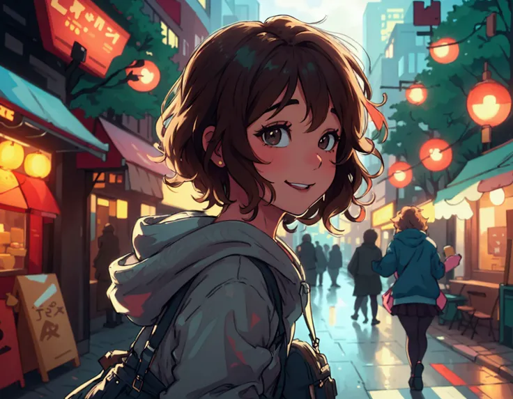 (best quality:0.8) perfect anime illustration, a pretty, happy woman with short curly brown hair on the street in the city, wearing a hoodie, skirt