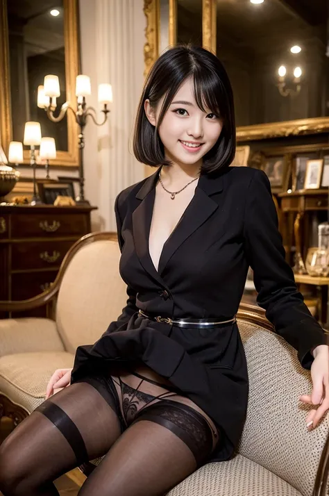 Pure young Japanese girl, wearing dark color classical suits and skirts, (pantyhose), high heels, vivid makeup, natural black hair styles, sitting in antique gothic style rooms, spread wide legs, sweet smile, secret temptations, professional portrait photo...