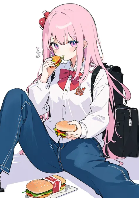 anime girl sitting on the ground eating a hamBurger and soda, eating Burgers, eating a Burger, eating a hamBurger, I&#39;ll make fan art too, devours a hamBurger, female protagonist 👀 :8, Tsk tsk, serving Burgers, OC commission, good ), She has a jiggly, f...