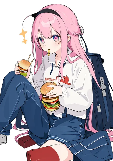 anime girl sitting on the ground eating a hamBurger and soda, eating Burgers, eating a Burger, eating a hamBurger, I&#39;ll make fan art too, devours a hamBurger, female protagonist 👀 :8, Tsk tsk, serving Burgers, OC commission, good ), She has a jiggly, f...