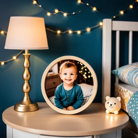 a photo of a picture in a round frame on a nightstand, in a childs room, bokeh effect