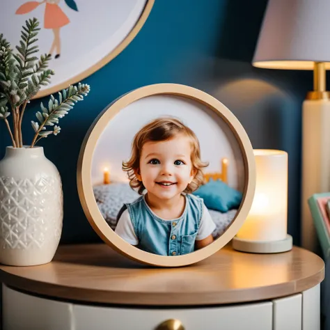 a photo of a picture in a round frame on a nightstand, in a childs room, bokeh effect